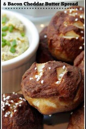 Mini Pretzel Rolls with Bacon Cheddar Butter Spread recipe - easy homemade rolls that make a great snack or appetizer! SnappyGourmet.com