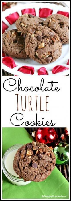 Chocolate Turtle Cookies - an easy homemade holiday, Christmas, or any time of the year cookie recipe with chocolate, nuts, and caramel! SnappyGourmet.com