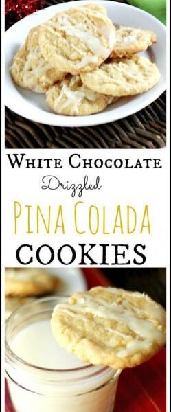 White Chocolate Drizzled Pina Colada Cookies recipe - easy cocktail inspired homemade holiday and Christmas cookie! SnappyGourmet.com