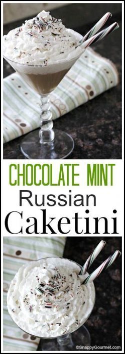 Chocolate Mint Russian Caketini - easy twist for a fun homemade dessert cocktail recipe! SnappyGourmet.com
