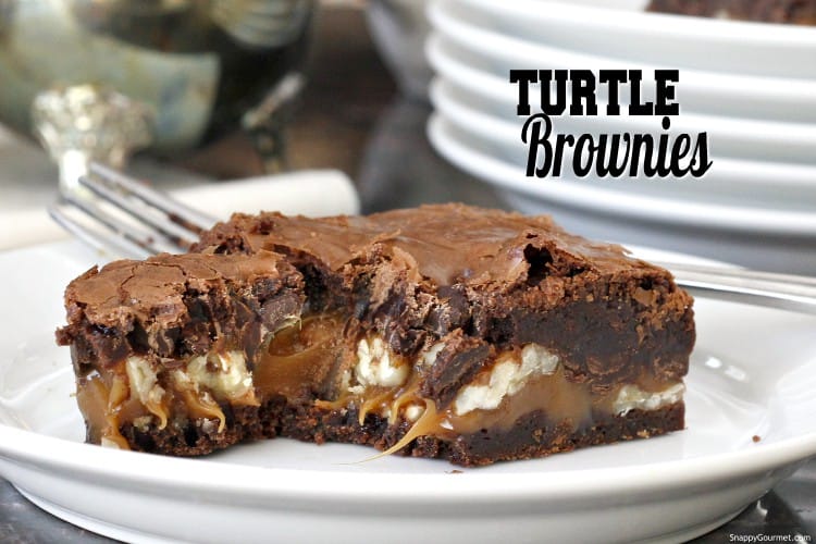 inside of turtle brownies with chocolate, caramel, and nuts