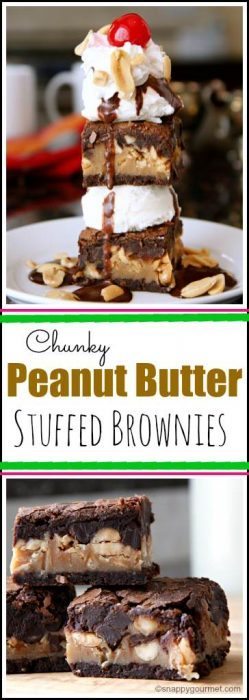Chunky Peanut Butter Stuffed Brownies Recipe - fudgy brownie recipe with peanuts and dark chocolate | SnappyGourmet.com