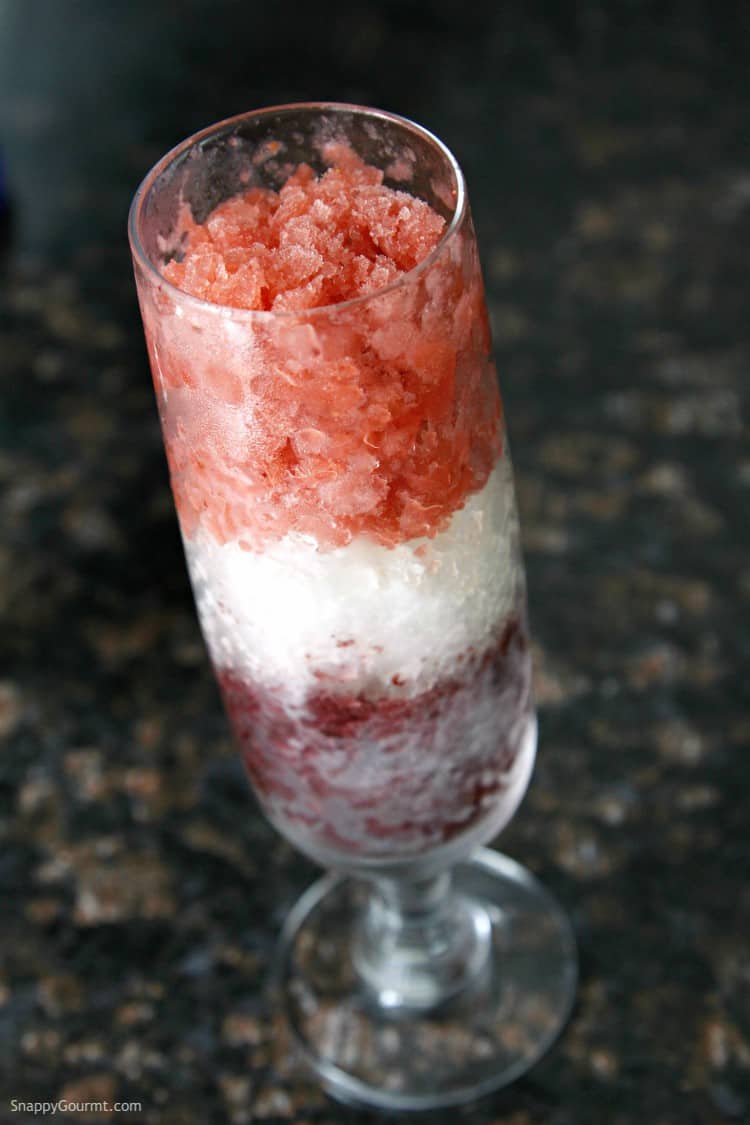 red, white, and blue granita in glass