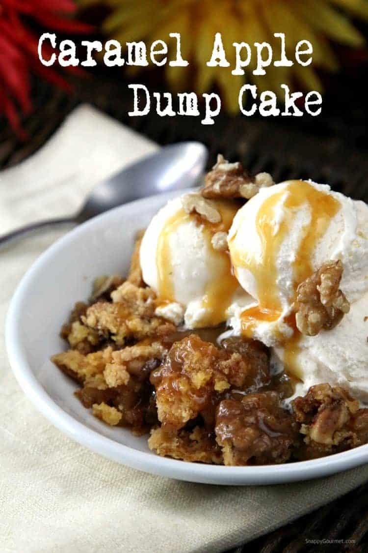 apple dump cake with fresh apples in bowl topped with ice cream, walnuts, and caramel sauce