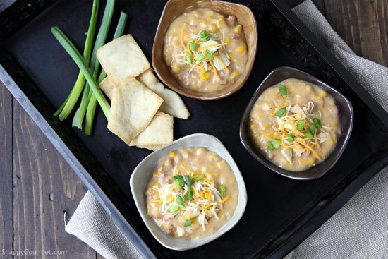Slow Cooker Spicy Sausage & Corn Soup Recipe - an easy crockpot corn soup! SnappyGourmet.com