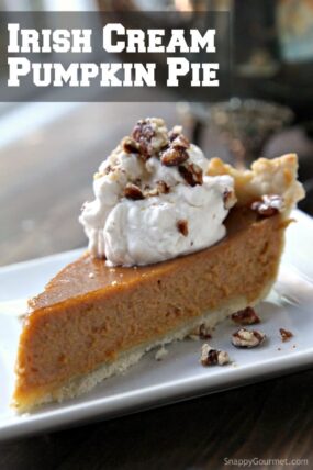 Irish Cream Pumpkin Pie - easy pumpkin pie recipe with Salted Caramel Irish Cream. Best Thanksgiving dessert! SnappyGourmet.com