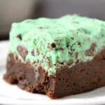 Chocolate fudgy brownie with green mint chip frosting