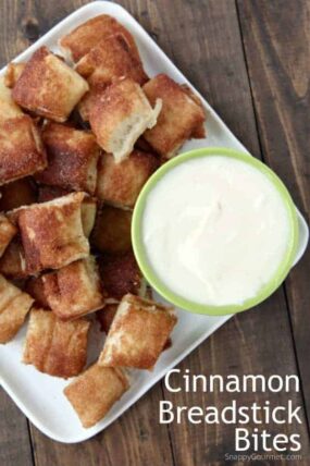 Cinnamon Breadstick Bites with Cream Cheese Frosting Dip - easy and fun snack or special breakfast or brunch idea! SnappyGourmet.com