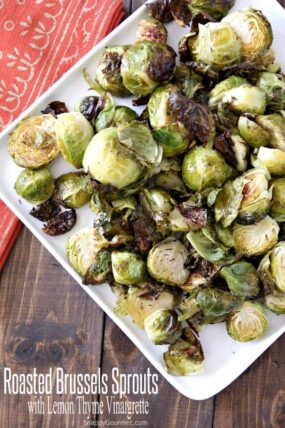 Roasted Brussels Sprouts with Lemon Thyme Vinaigrette Recipe - easy oven roasted vegetables! SnappyGourmet.com