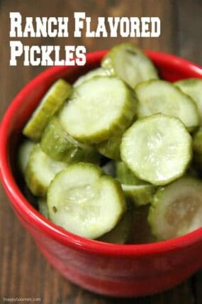 Ranch Flavored Refrigerator Dill Pickles sliced in bowl
