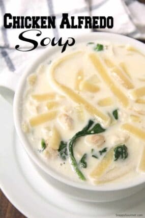 Chicken Alfredo Soup with fettuccine and spinach in bowl