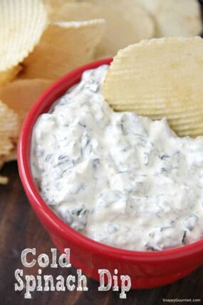cold spinach dip in red bowl