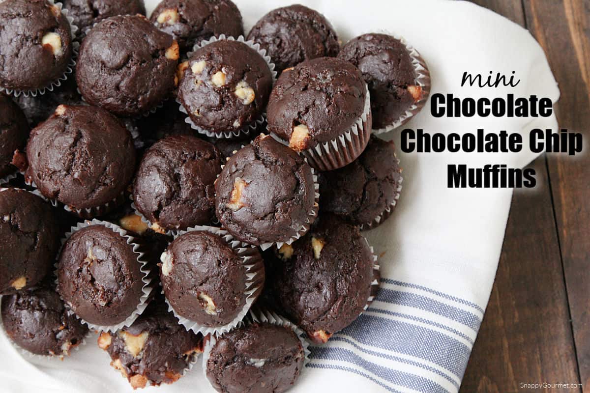 mini chocolate chocolate chip muffins on towel