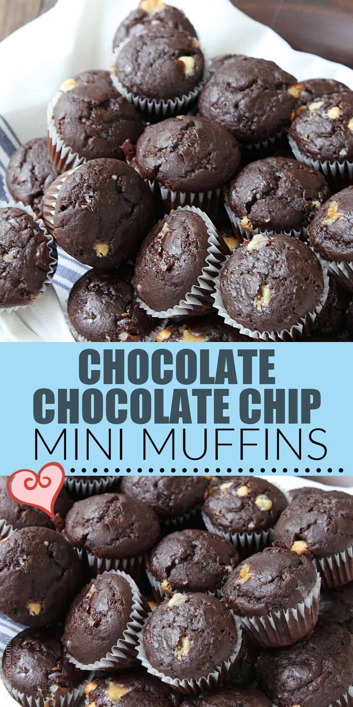 collage of Mini Chocolate Chocolate Chip Muffins