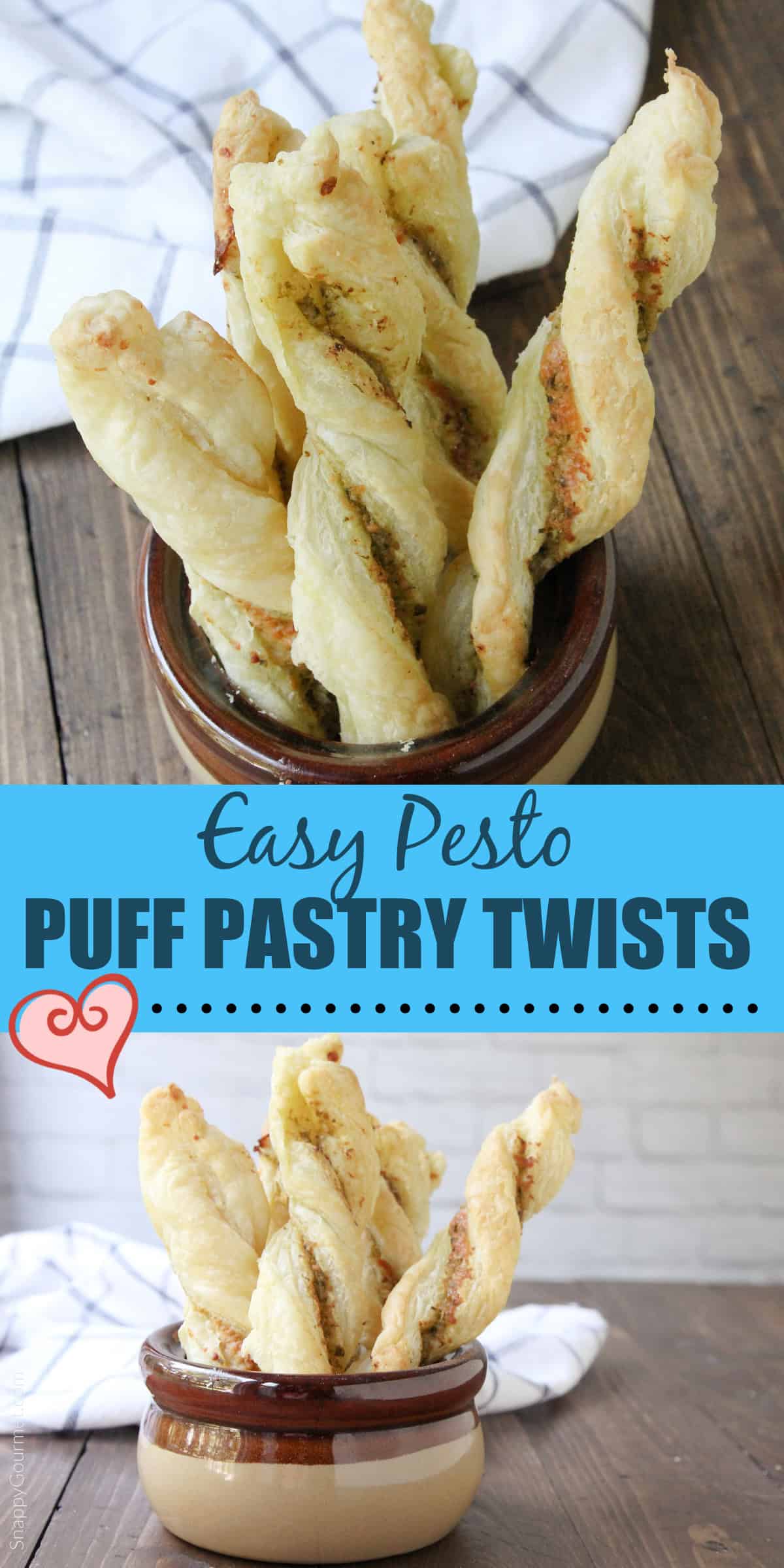collage of PESTO PUFF PASTRY TWISTS in bowl