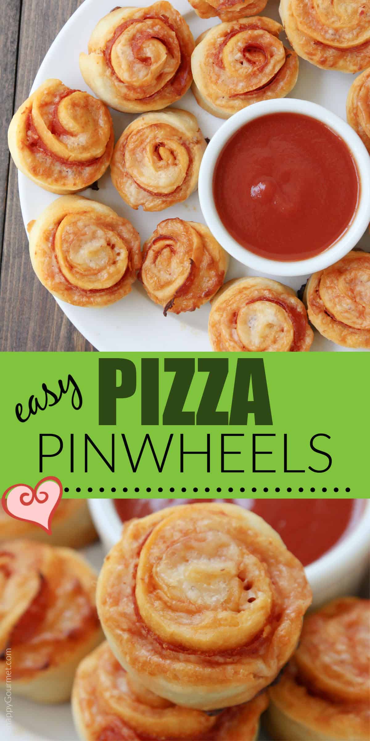 collage of pizza pinwheels and marinara sauce