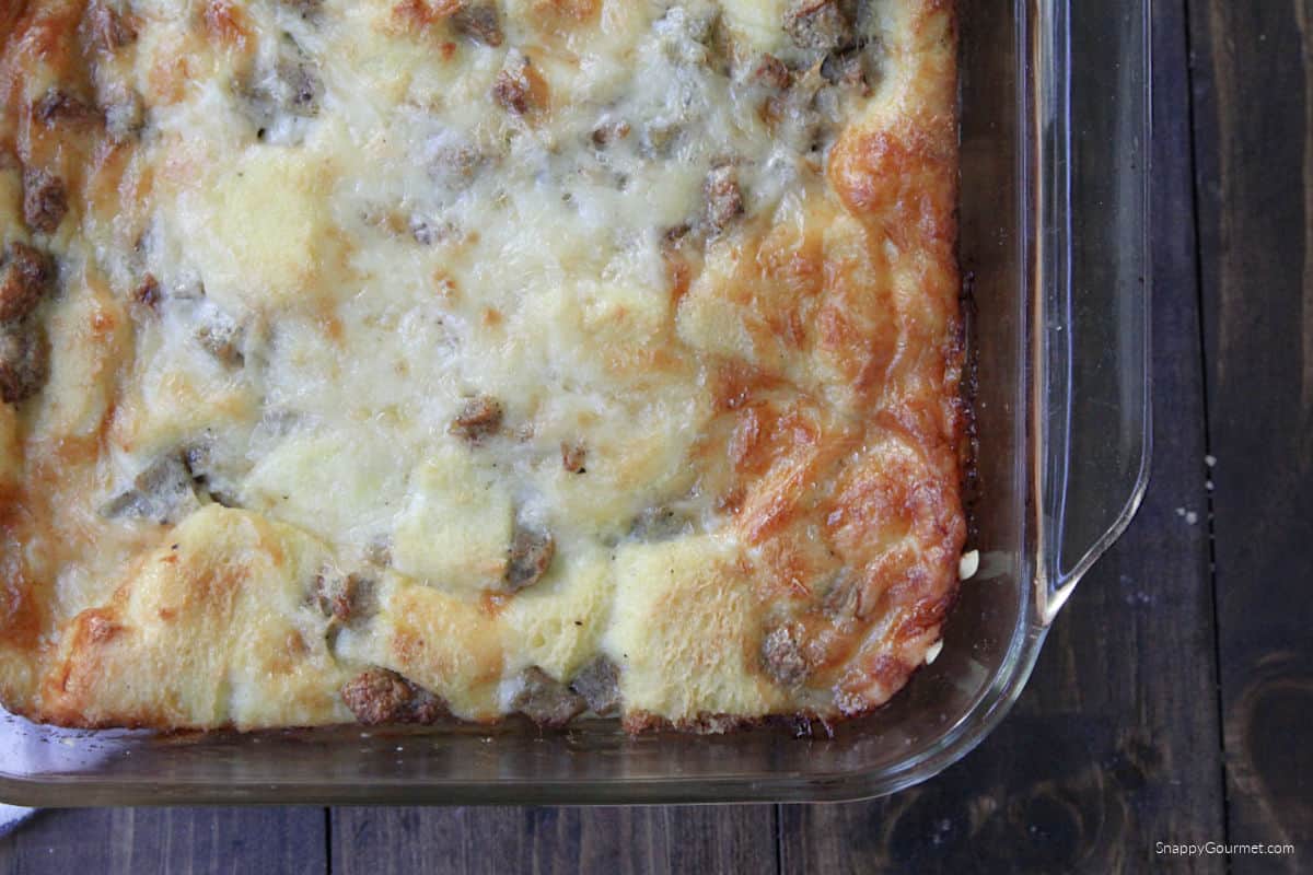 Breakfast Casserole in glass square baking dish