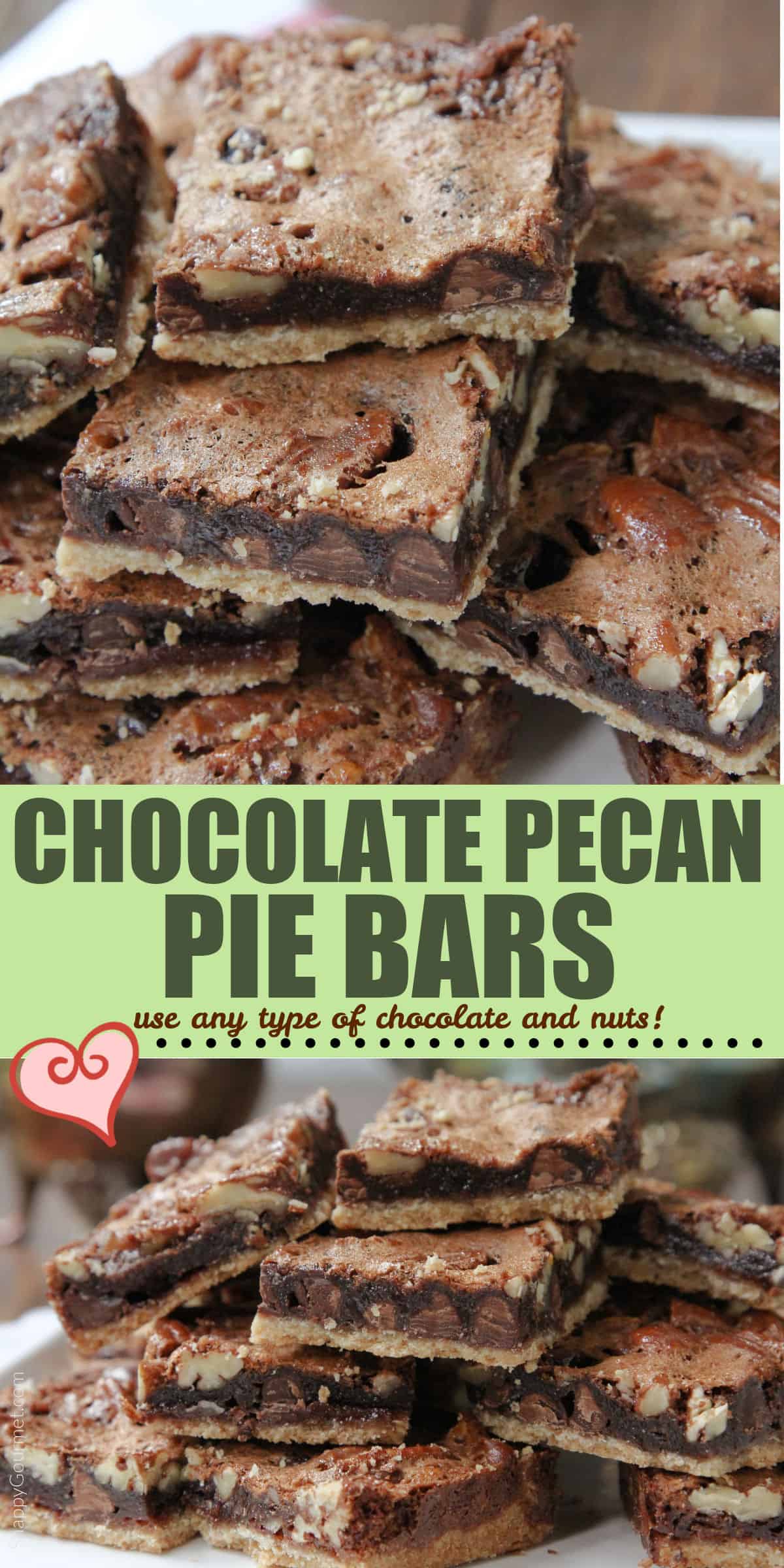 collage of stacked Chocolate Pecan Pie Bars