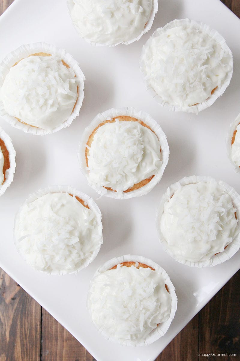 Coconut Cupcakes on cake stand
