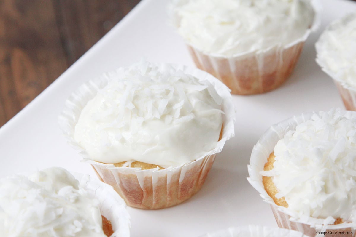 Coconut Cupcakes on cake stand
