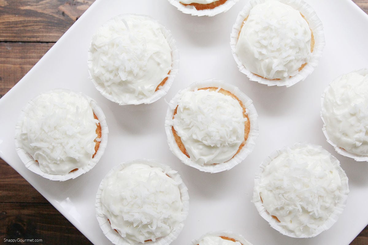 Coconut Cupcakes on cake stand