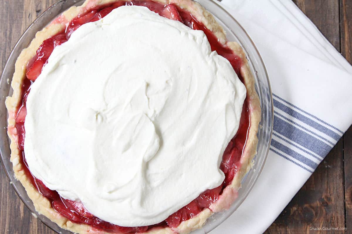 Fresh Strawberry Pie in pie plate on towel