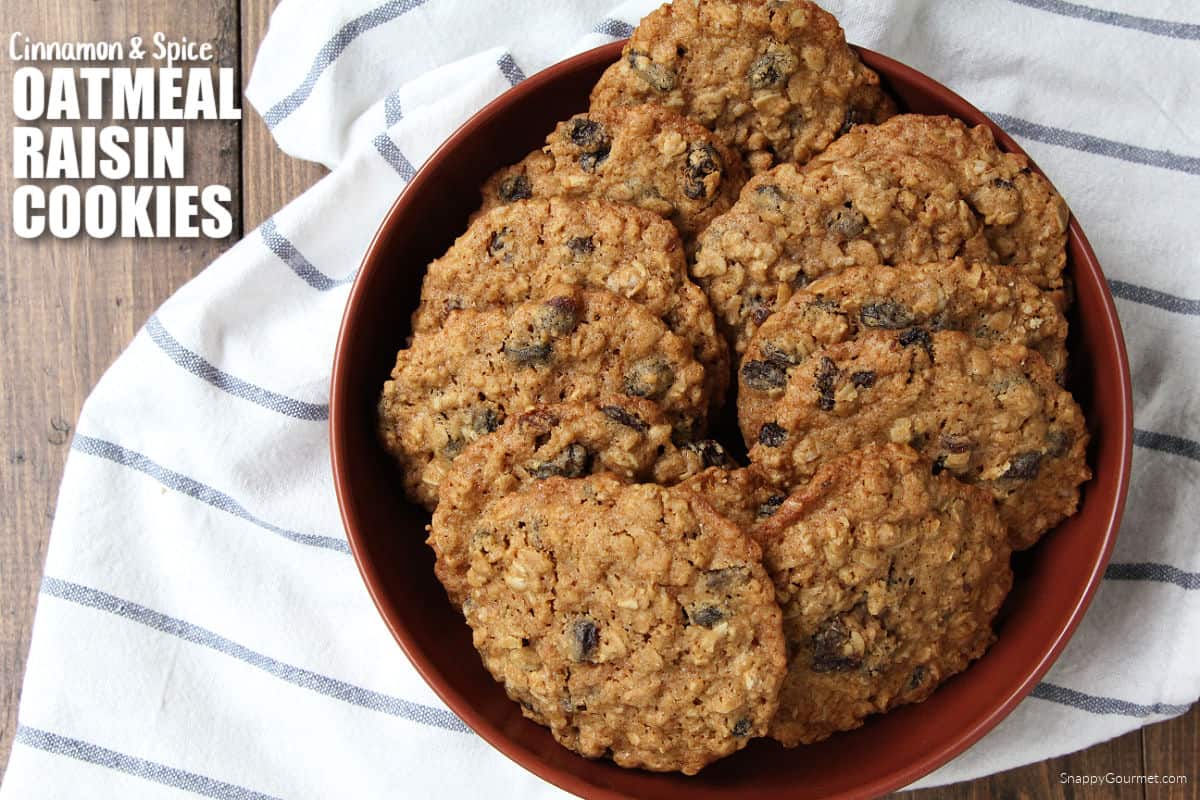 Oatmeal Raisin Cookies Oatmeal Raisin Cookies in shallow bowl on towel