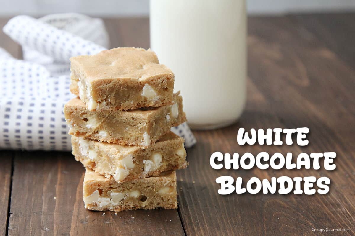 stack of White Chocolate Blondies and bottle of milk